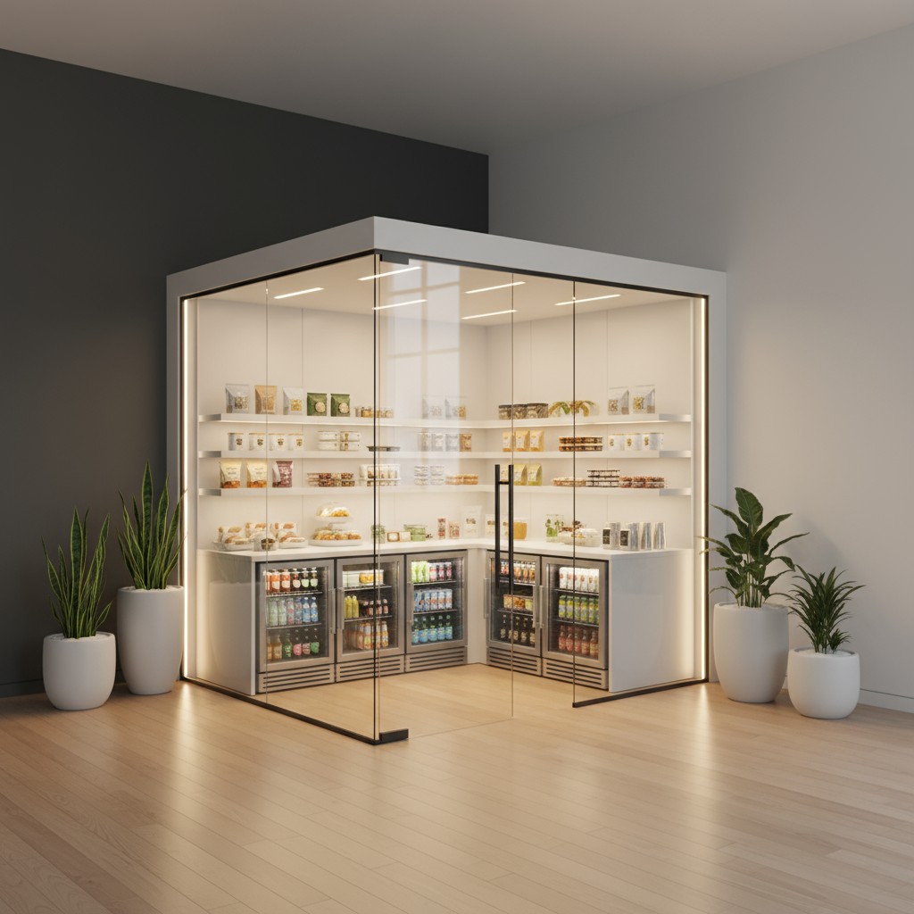 A glass-enclosed room with white shelves, stocked with various beverage and snack items, inside a modern building with pla...