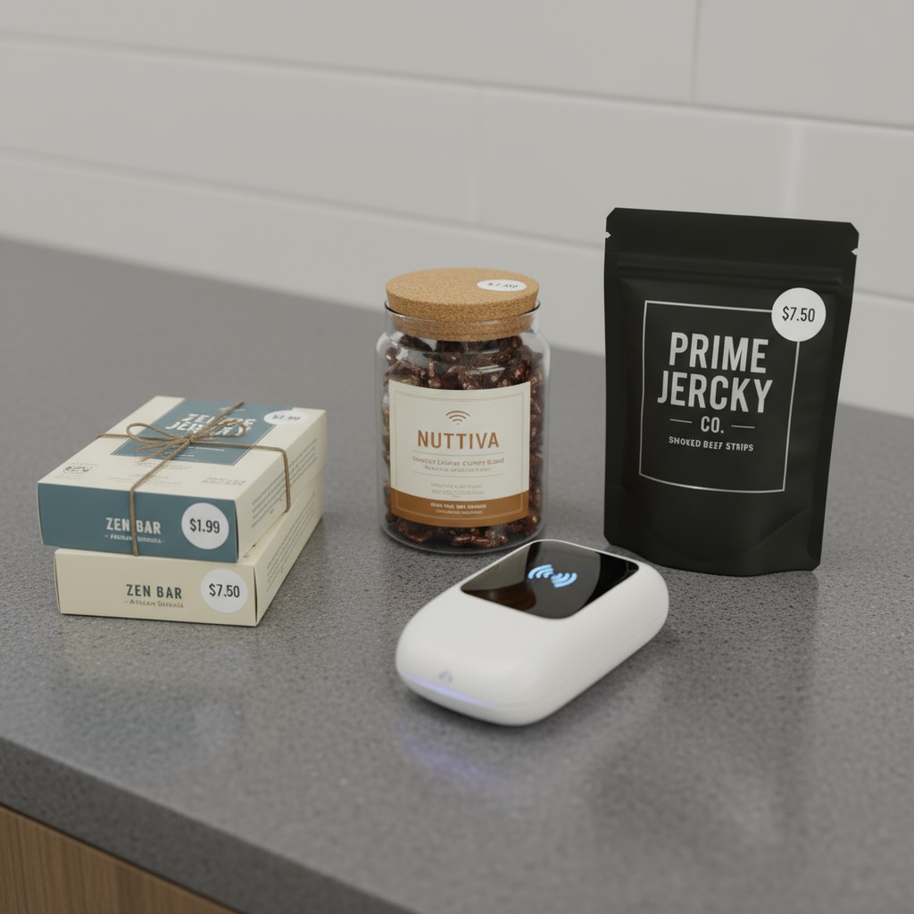 A collection of organic, raw, and specialty food and incense items on a gray countertop. A stack of two organic soaps, a j...