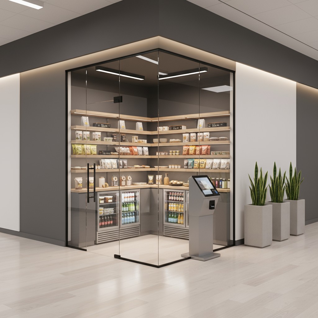 A sleek glass and wood-framed room, filled with shelves of snacks and beverages.
