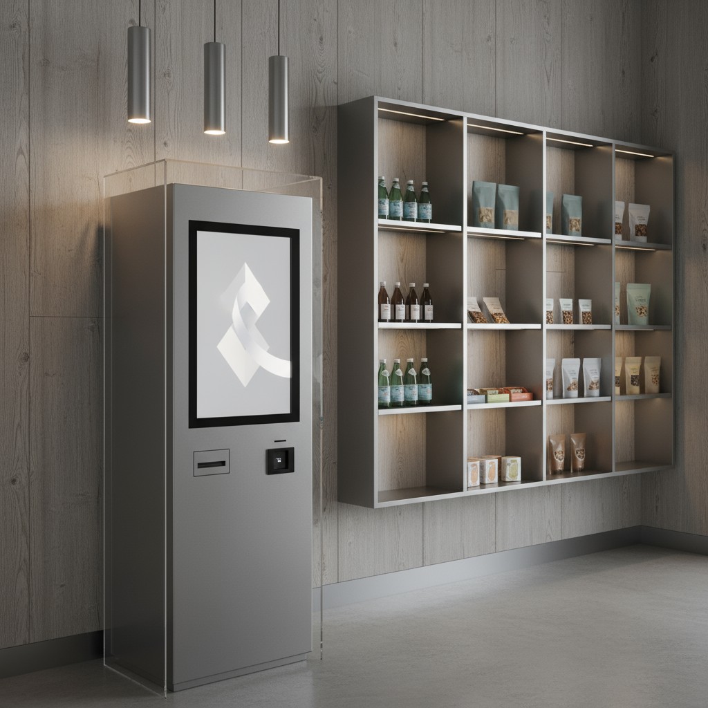A vertical kiosk with a touchscreen coming from a graphical inlay, next to wall-mounted shelves of snack products, with ha...