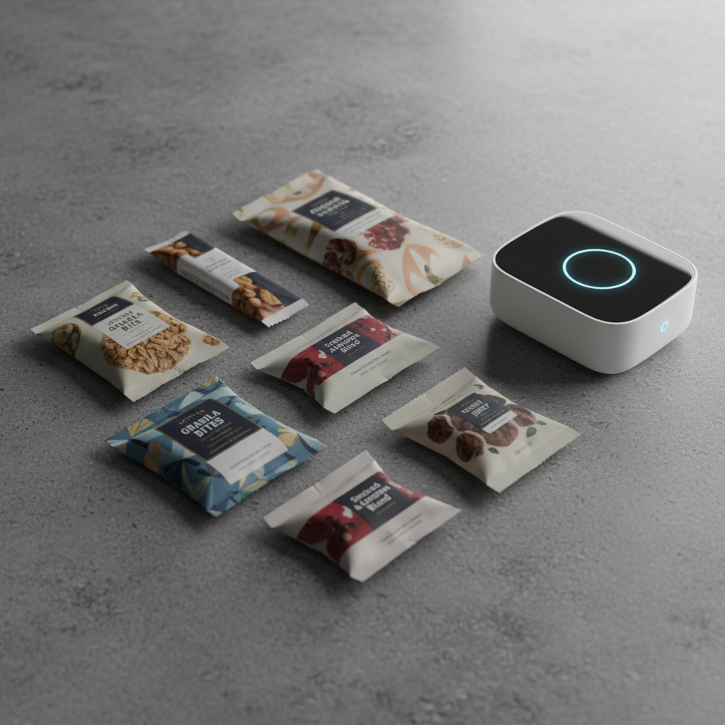 A small Bluetooth wireless device and packaging for several types of nuts, arranged on a grey surface.